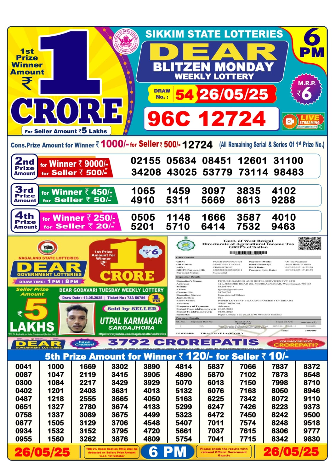 Lottery sambad today 6PM 26-05-2025