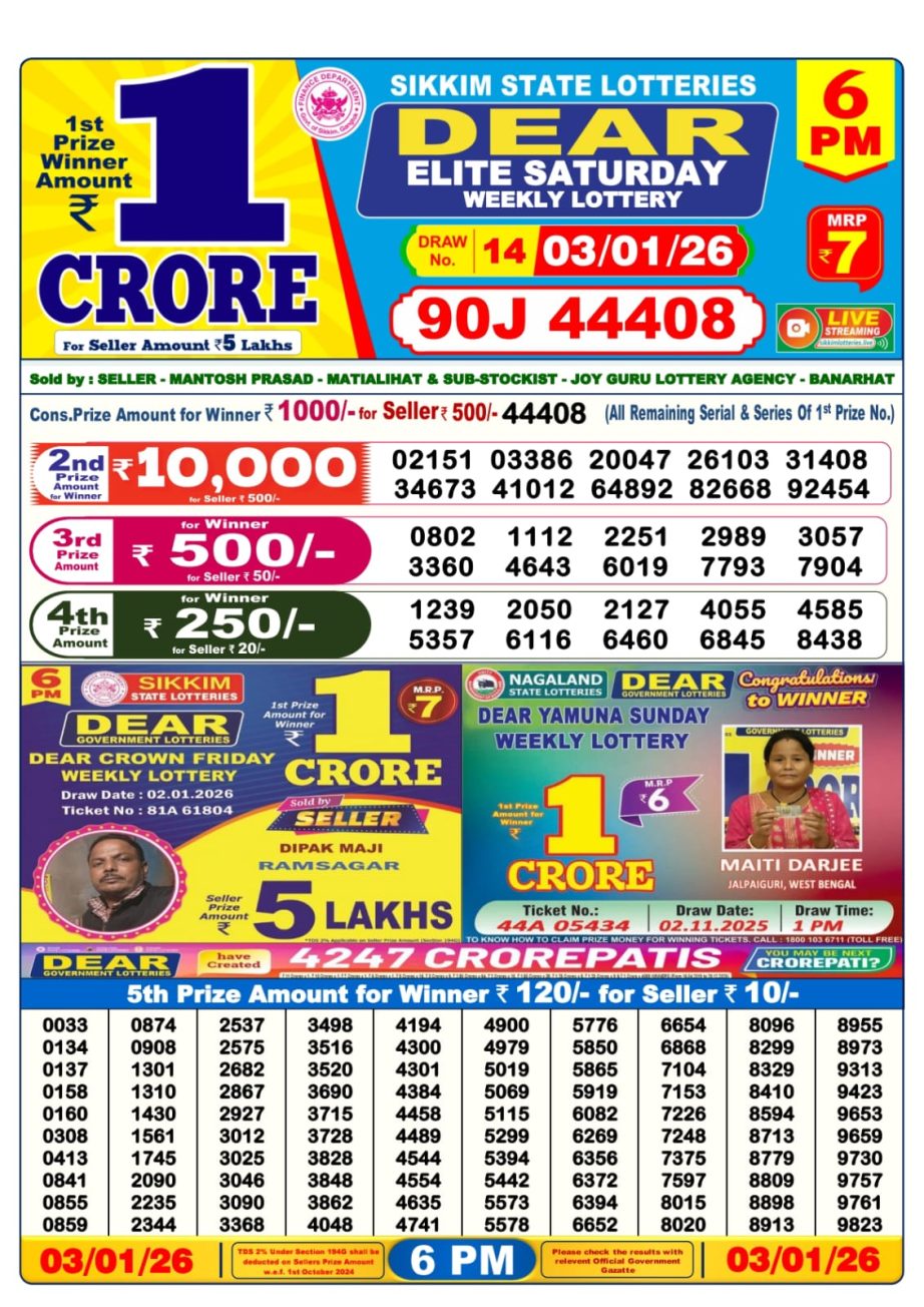 Lottery Sambad Result Today 03.01.26 | 6 PM