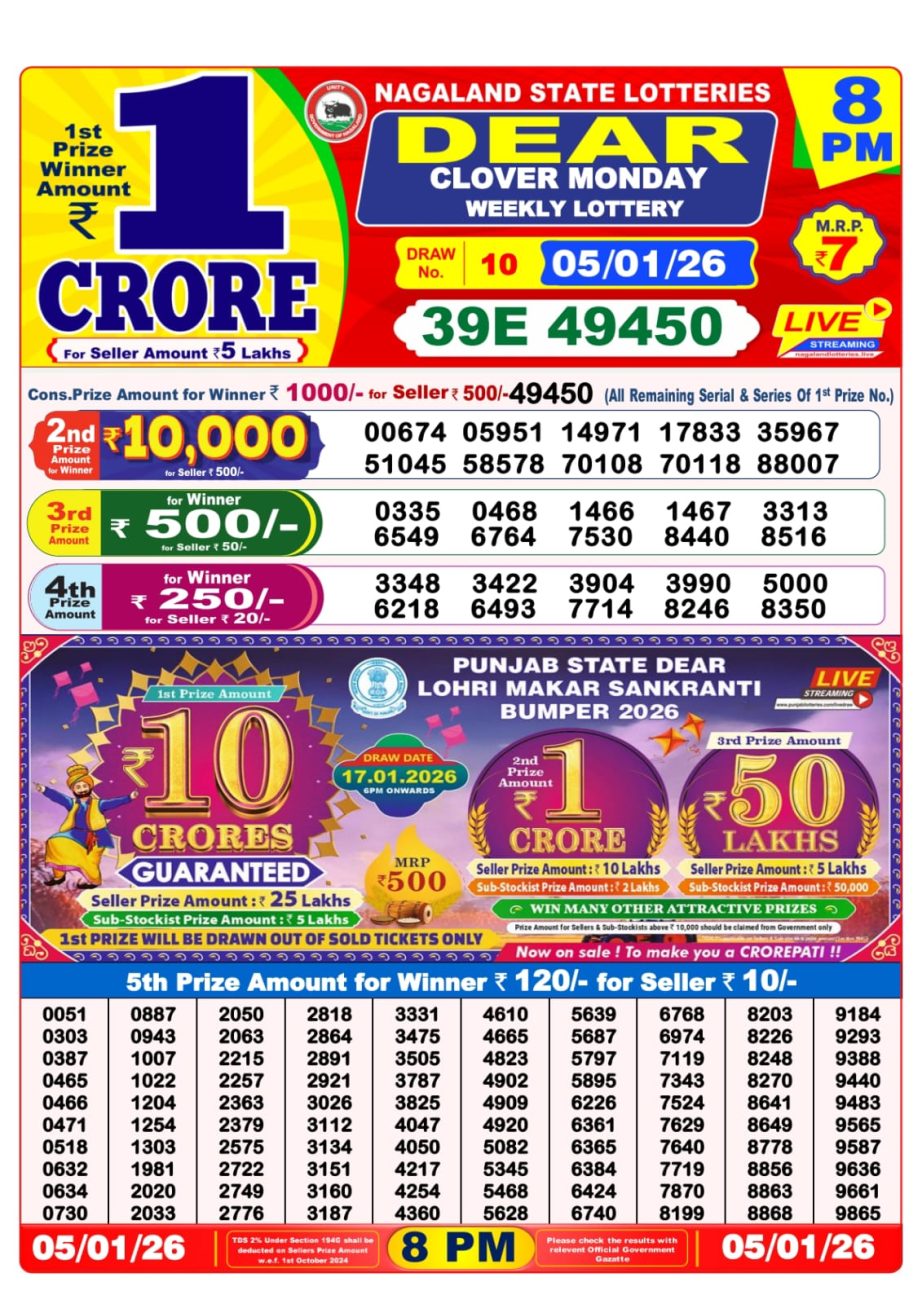 Dear Lottery Result Today 05.01.26 | 8 PM Sambad
