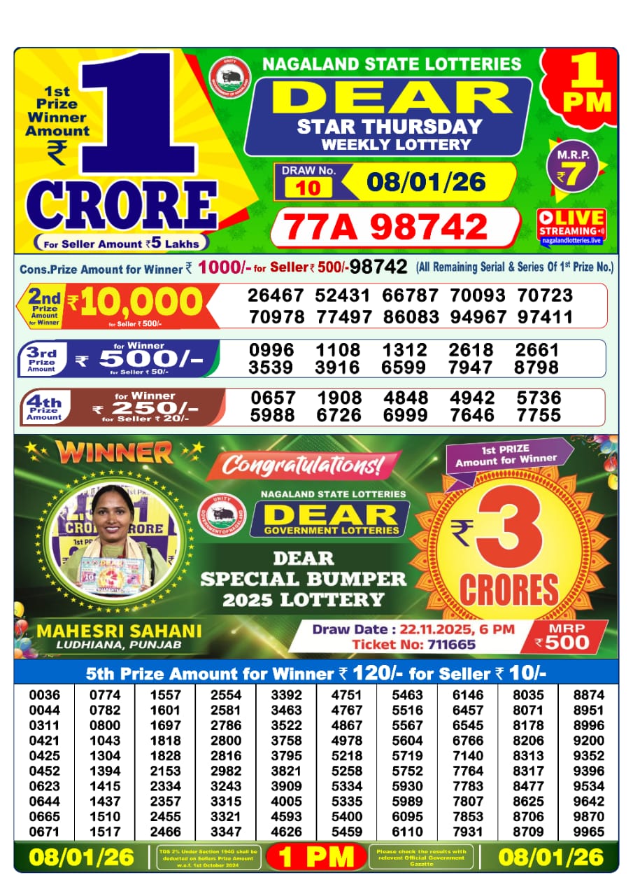 Dear Lottery Sambad Result Today 08.01.26 | 1 PM