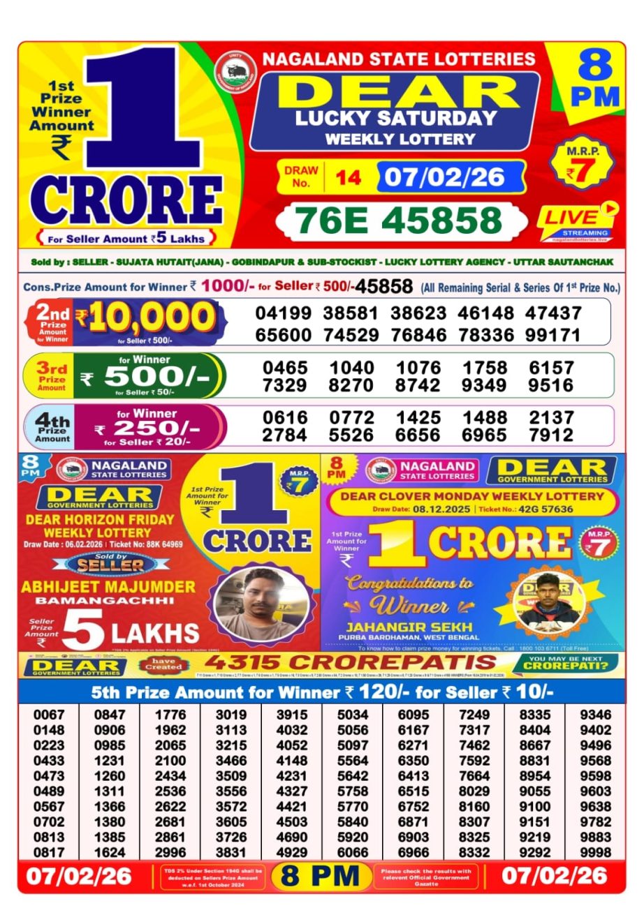 Dear Lottery Sambad 07 02 26 | 8 PM Result