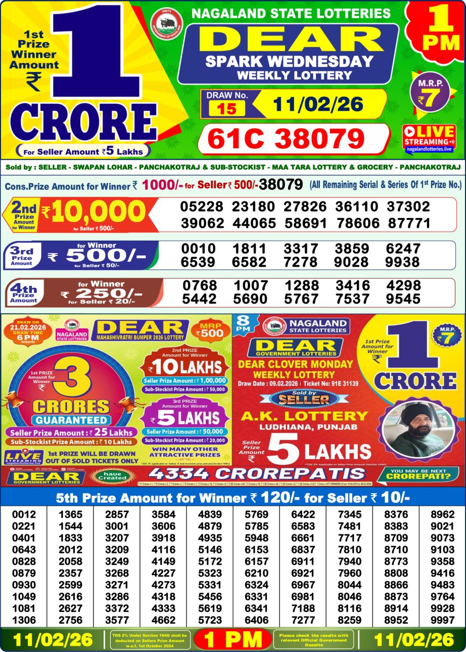 Dear 1PM Lottery Sambad Result 11 02 26