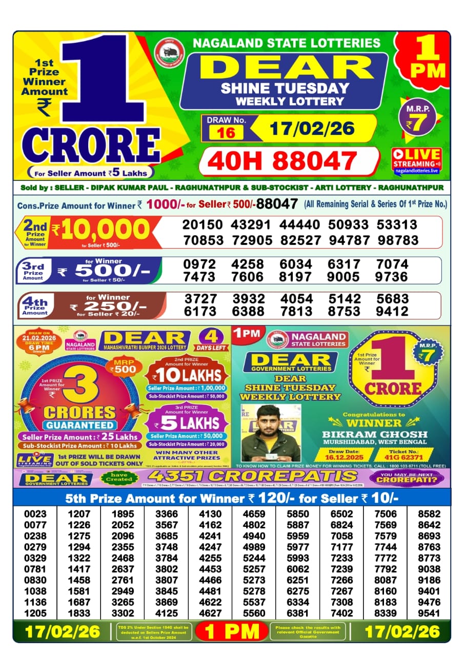 Dear 1PM Lottery Sambad Result 17 02 26