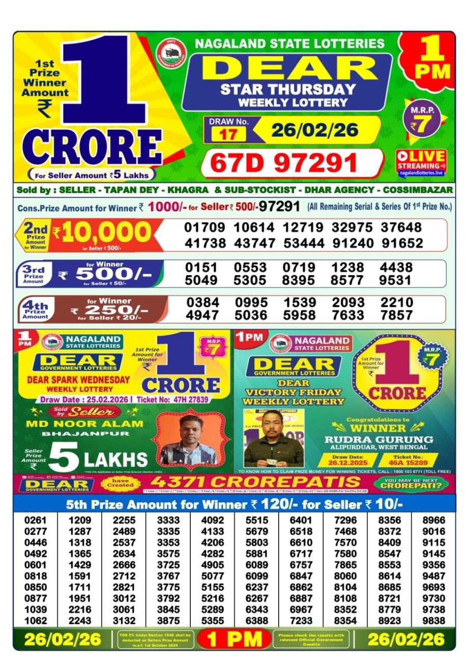 Dear 1PM Lottery Sambad Result 26 02 26