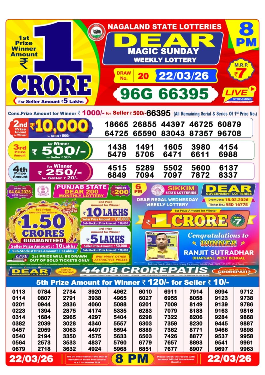Dear Lottery Sambad 22 03 26 | 8 PM Result