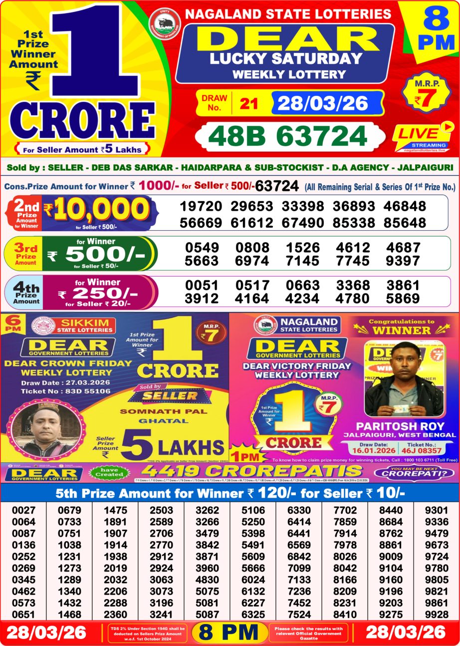 Dear Lottery Sambad 28 03 26 | 8 PM Result