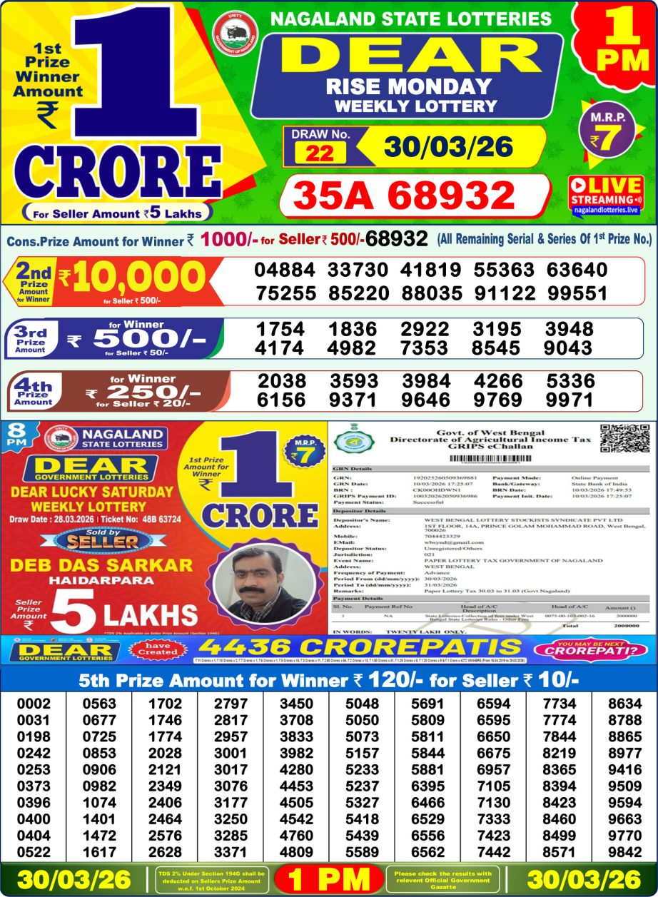 Dear Lottery Sambad Morning Result 30 03 26