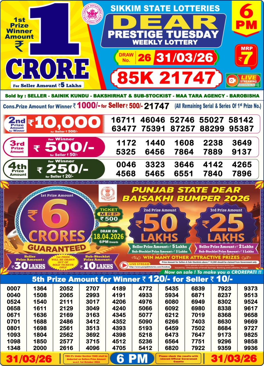 Lottery Sambad Result Today 31 03 26 | 6 PM