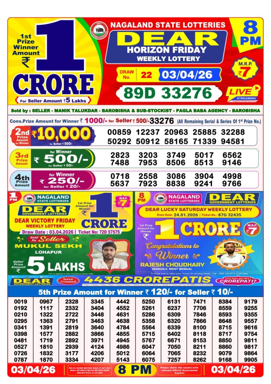 Dear Lottery Sambad 03 04 26 | 8 PM Result