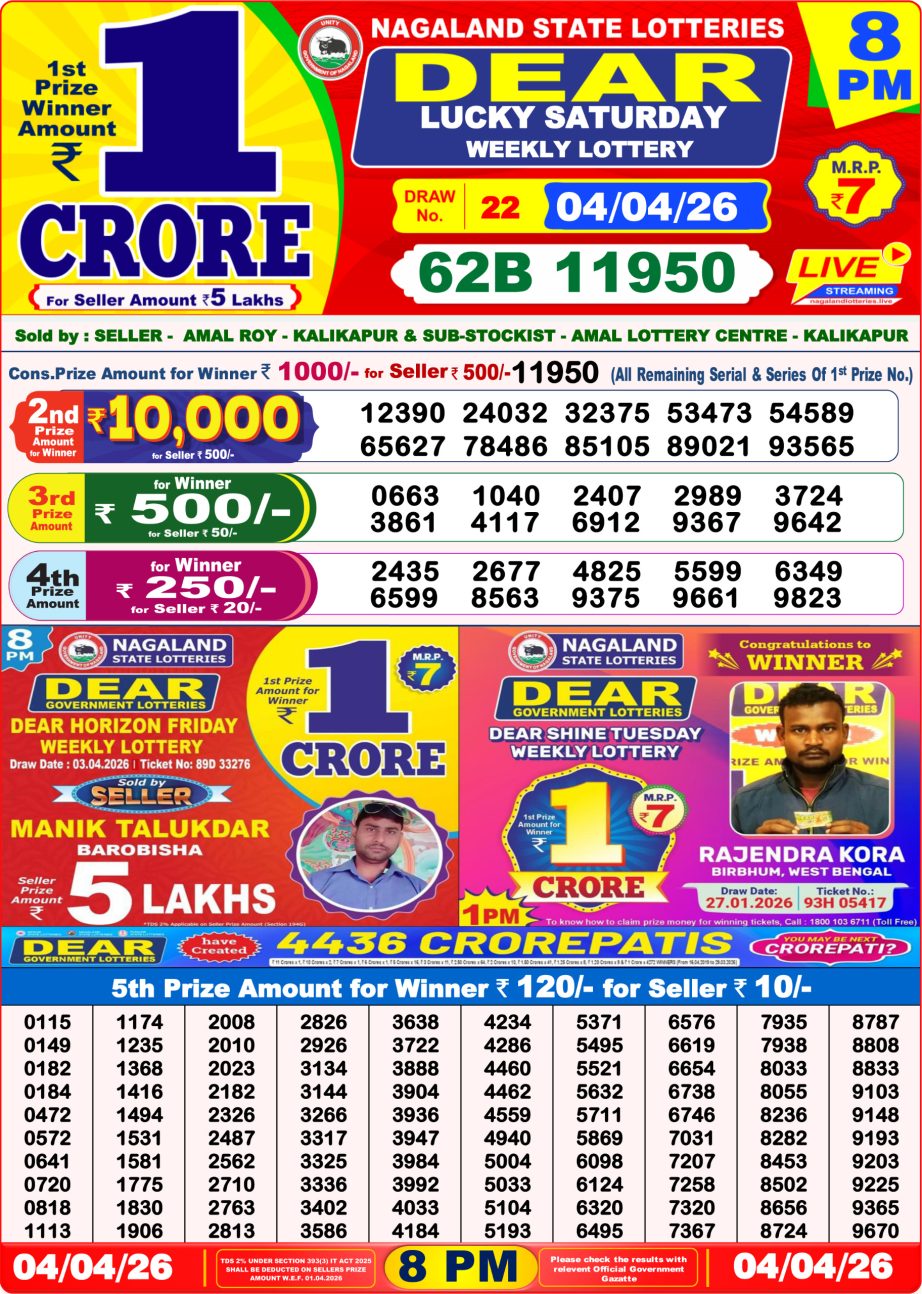 Dear Lottery Sambad 04 04 26 | 8 PM Result