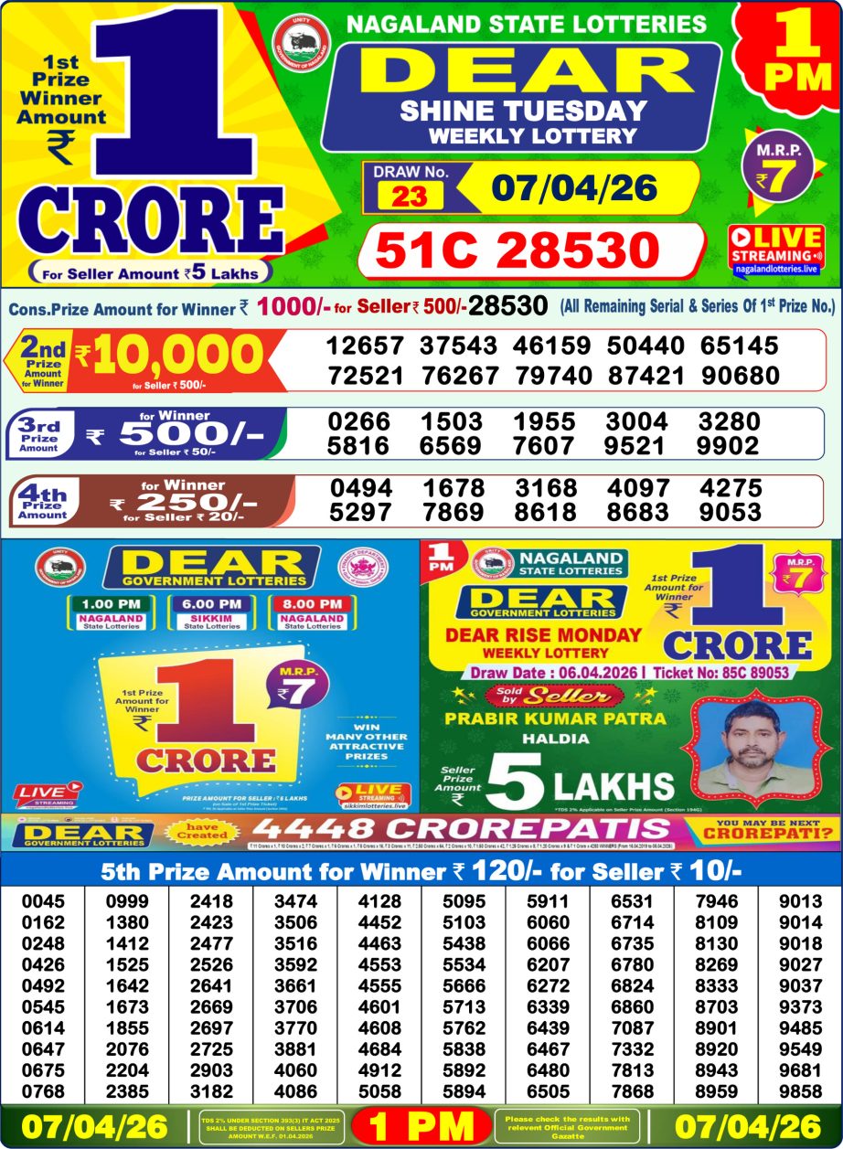 Dear Lottery Sambad Morning Result 07 04 26