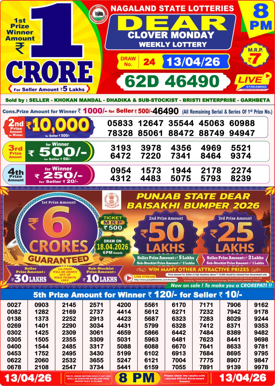 Dear Lottery Sambad 13 04 26 | 8 PM Result