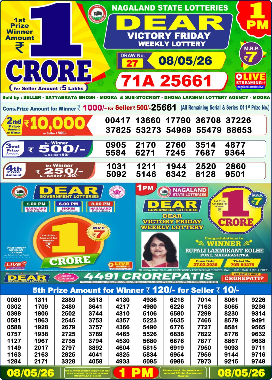 Dear Lottery Sambad Morning Result 08 05 26