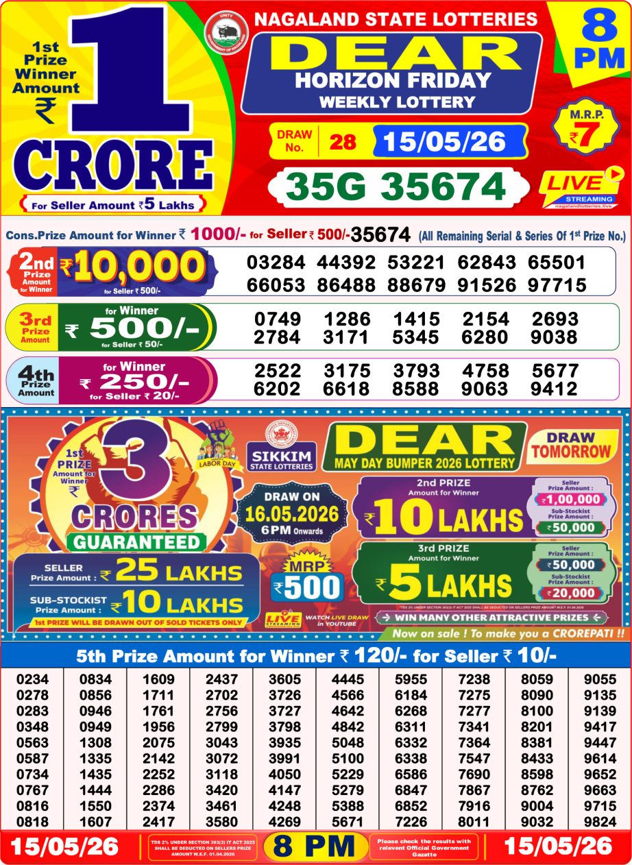 Dear Lottery Sambad 15 05 26 | 8 PM Result