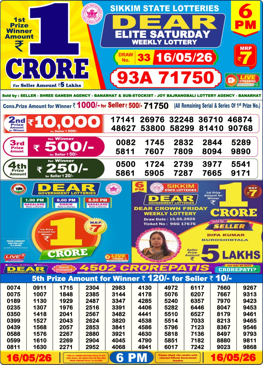 Lottery Sambad Result Today 16 05 26 | 6 PM