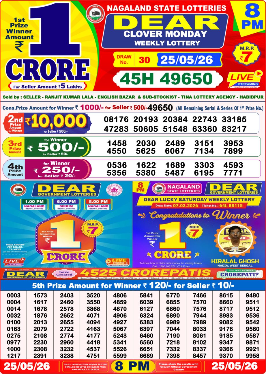 Dear Lottery Sambad 25 05 26 | 8 PM Result