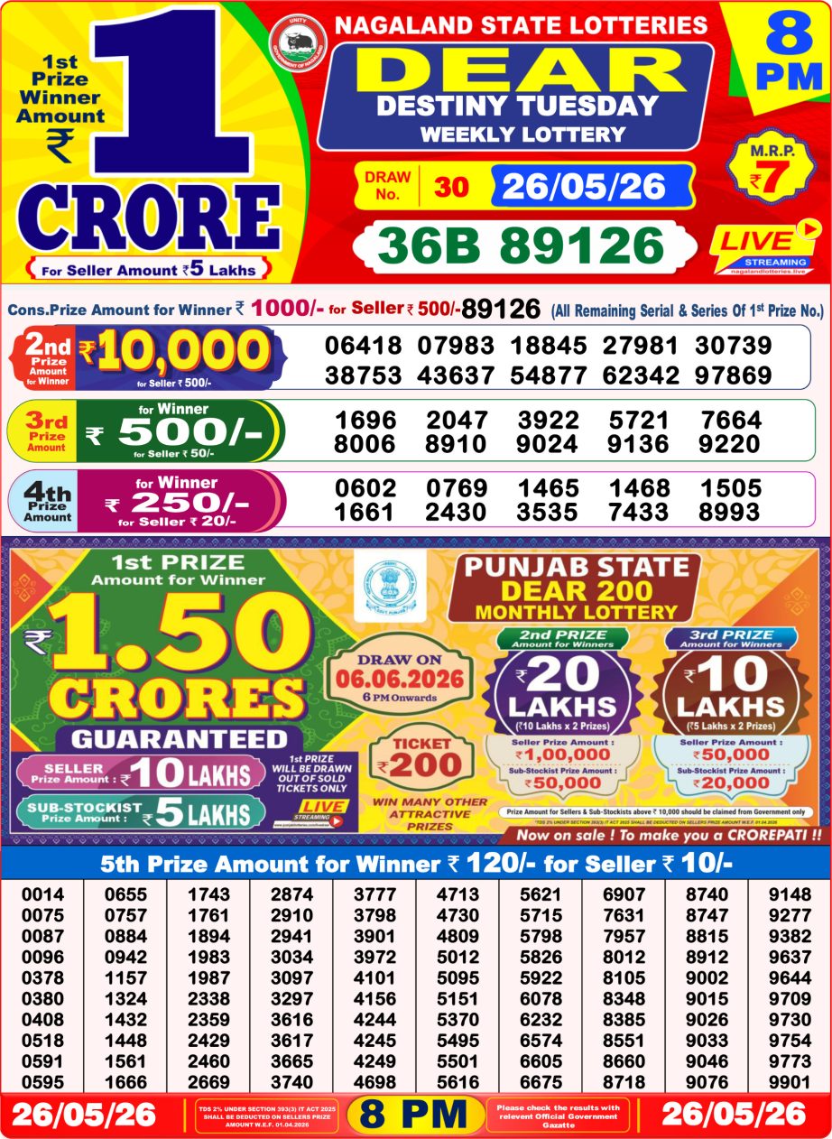 Dear Lottery Sambad 26 05 26 | 8 PM Result