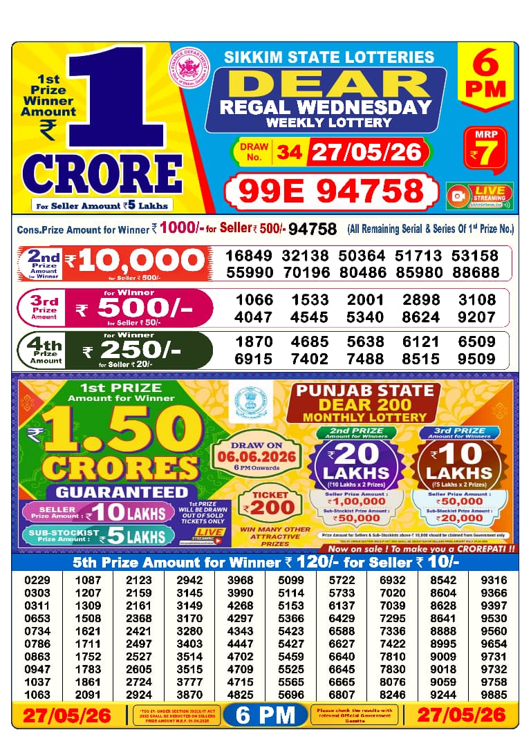 Lottery Sambad Result Today 27 05 26 | 6 PM