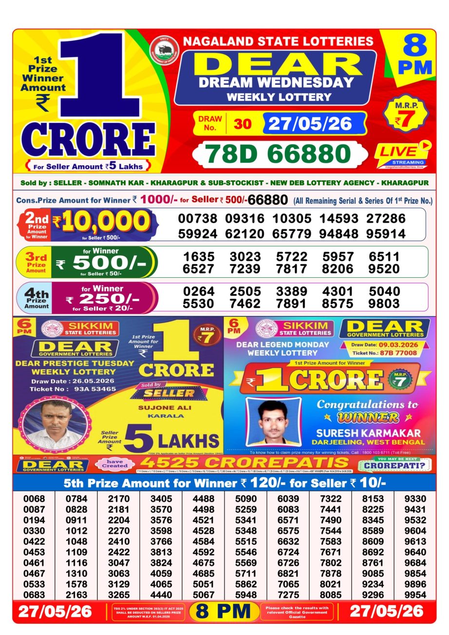 Dear Lottery Sambad 27 05 26 | 8 PM Result
