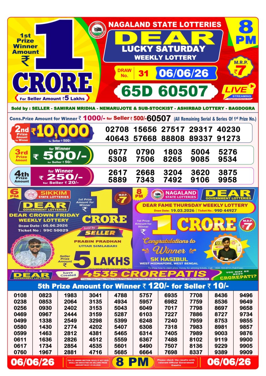 Dear Lottery Sambad 06 06 26 | 8 PM Result