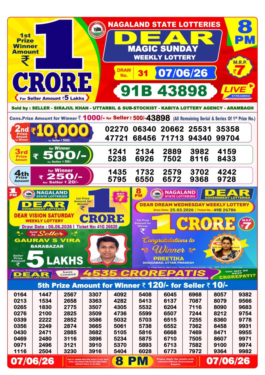 Dear Lottery Sambad 07 06 26 | 8 PM Result