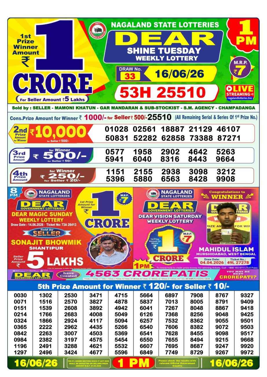 Dear Lottery Sambad Morning Result 16 06 26