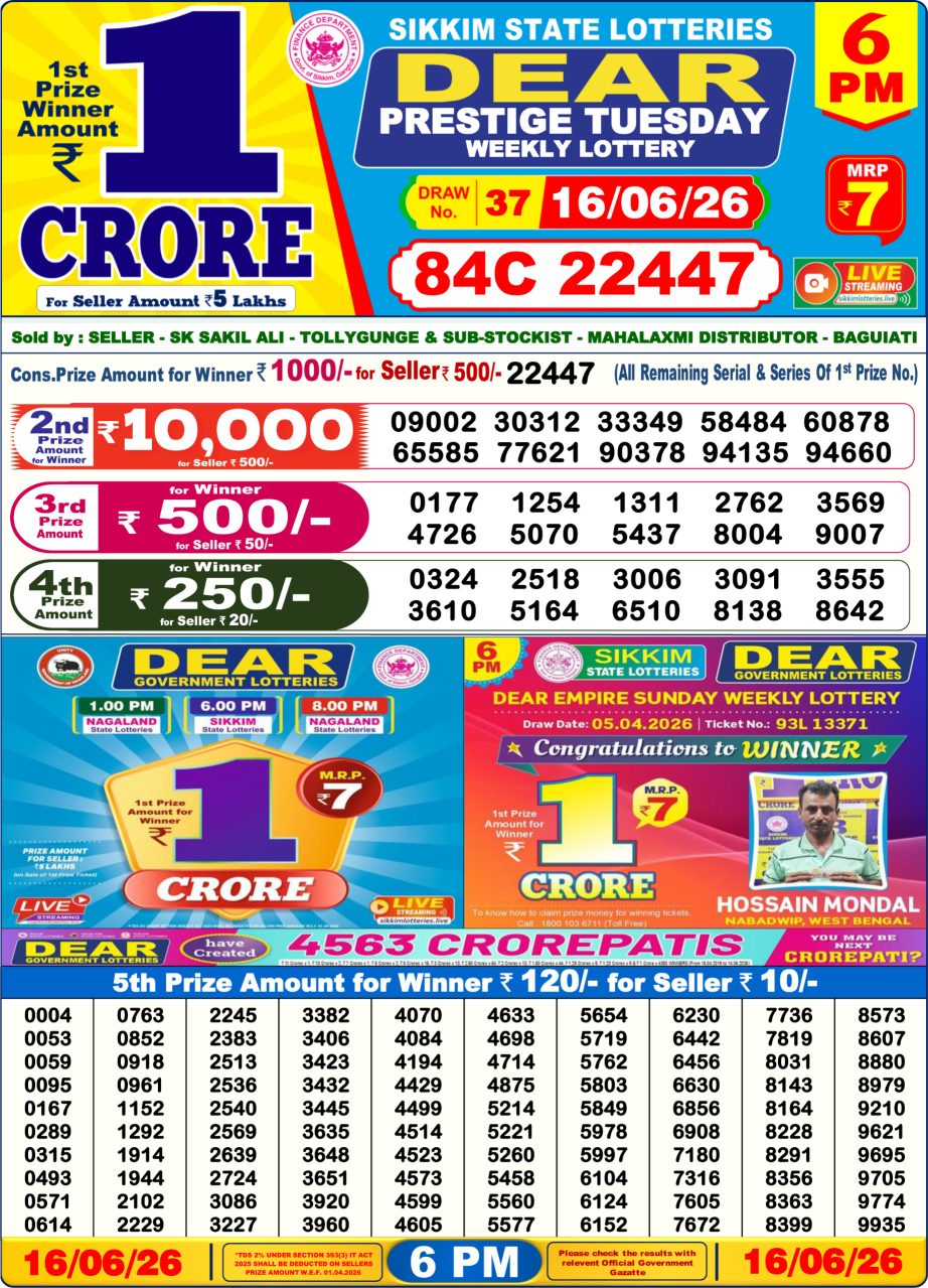 Lottery Sambad Result Today 16 06 26 | 6 PM