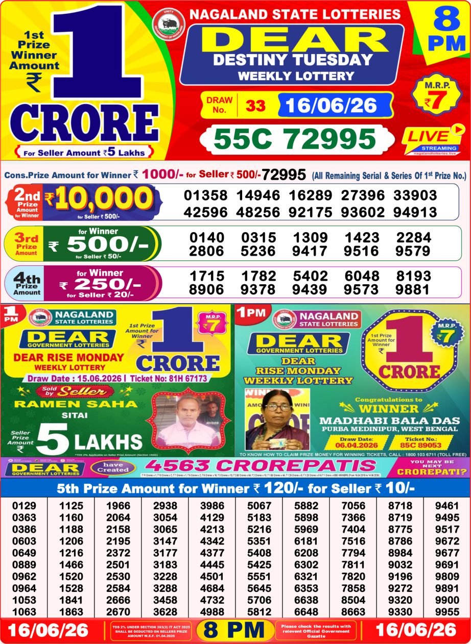 Dear Lottery Sambad 16 06 26 | 8 PM Result