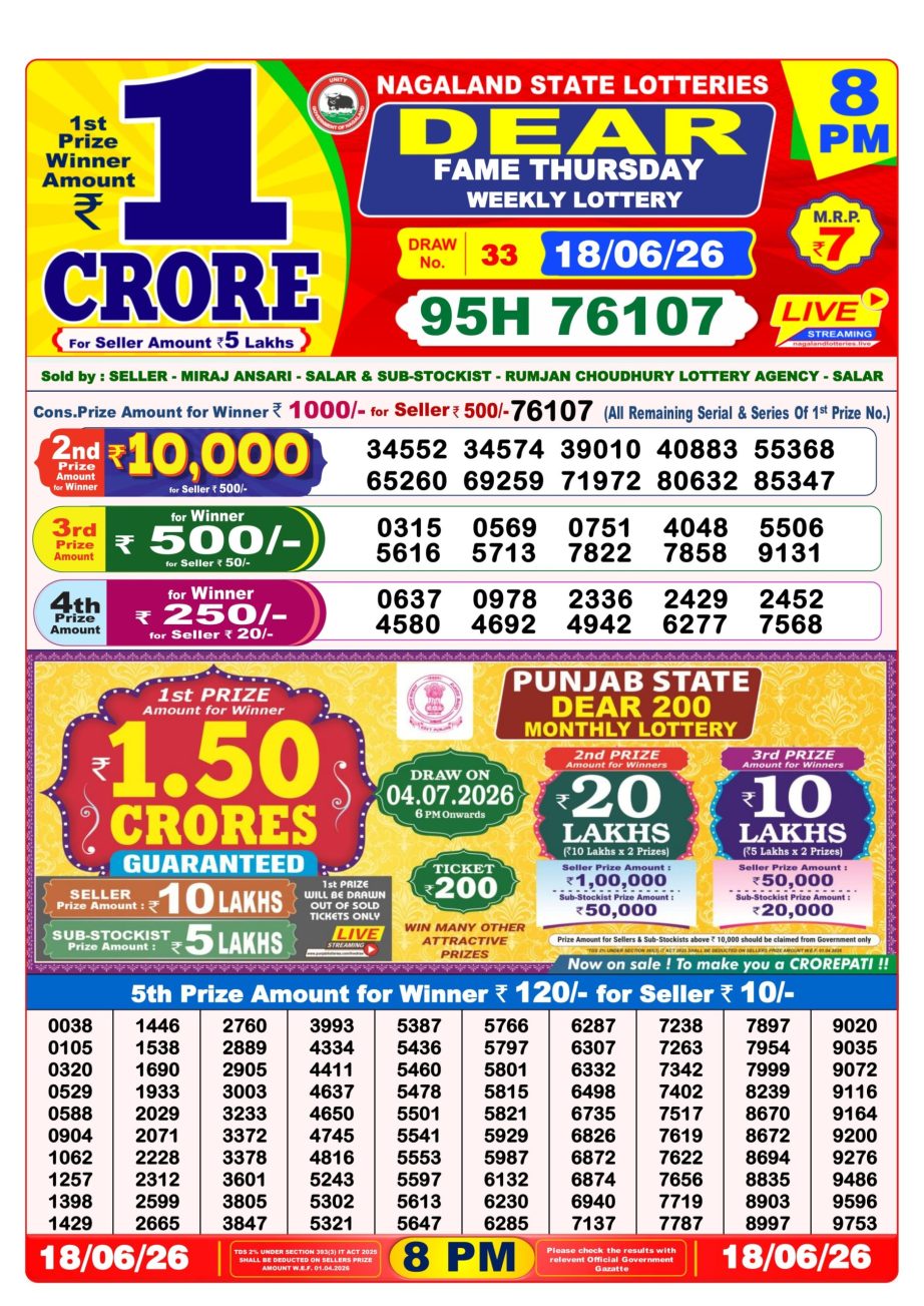 Dear Lottery Sambad 18 06 26 | 8 PM Result