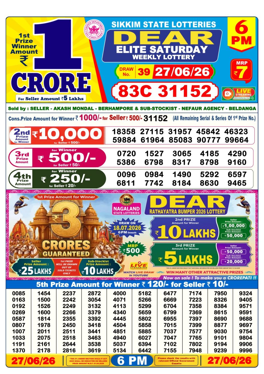 Lottery Sambad Result Today 27 06 26 | 6 PM