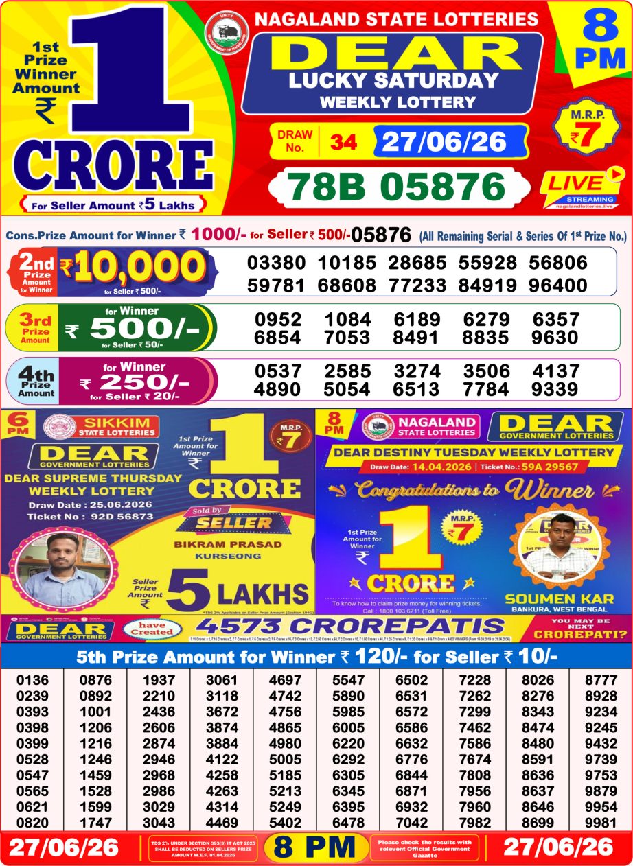 Dear Lottery Sambad 27 06 26 | 8 PM Result