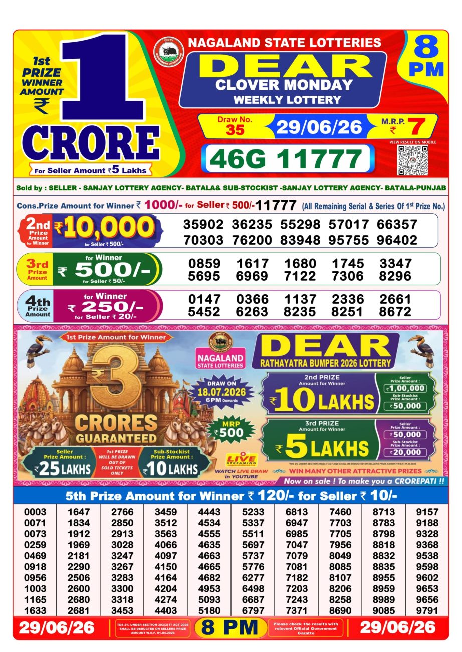 Dear Lottery Sambad 29 06 26 | 8 PM Result