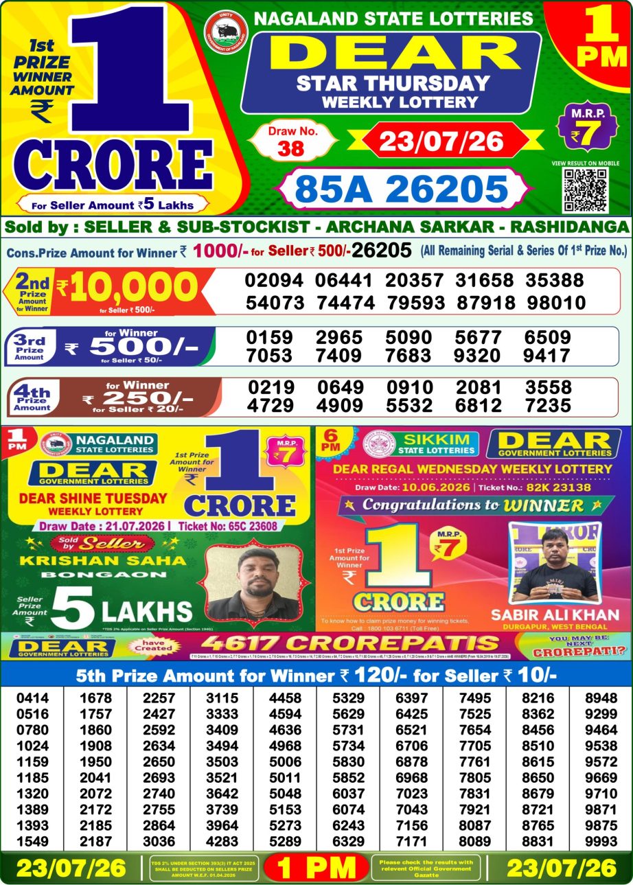Dear Lottery Sambad Morning Result 23 07 26