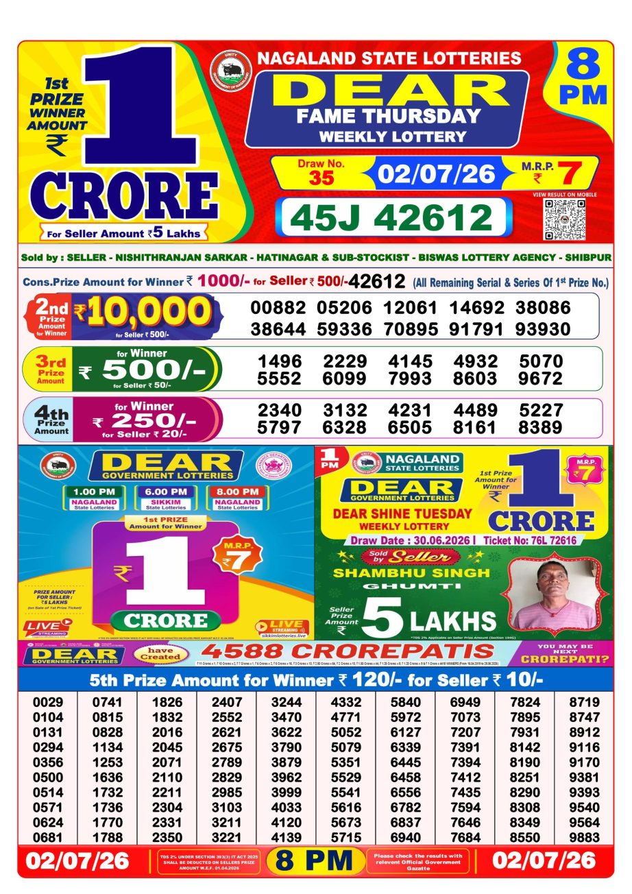 Dear Lottery Sambad 02 07 26 | 8 PM Result