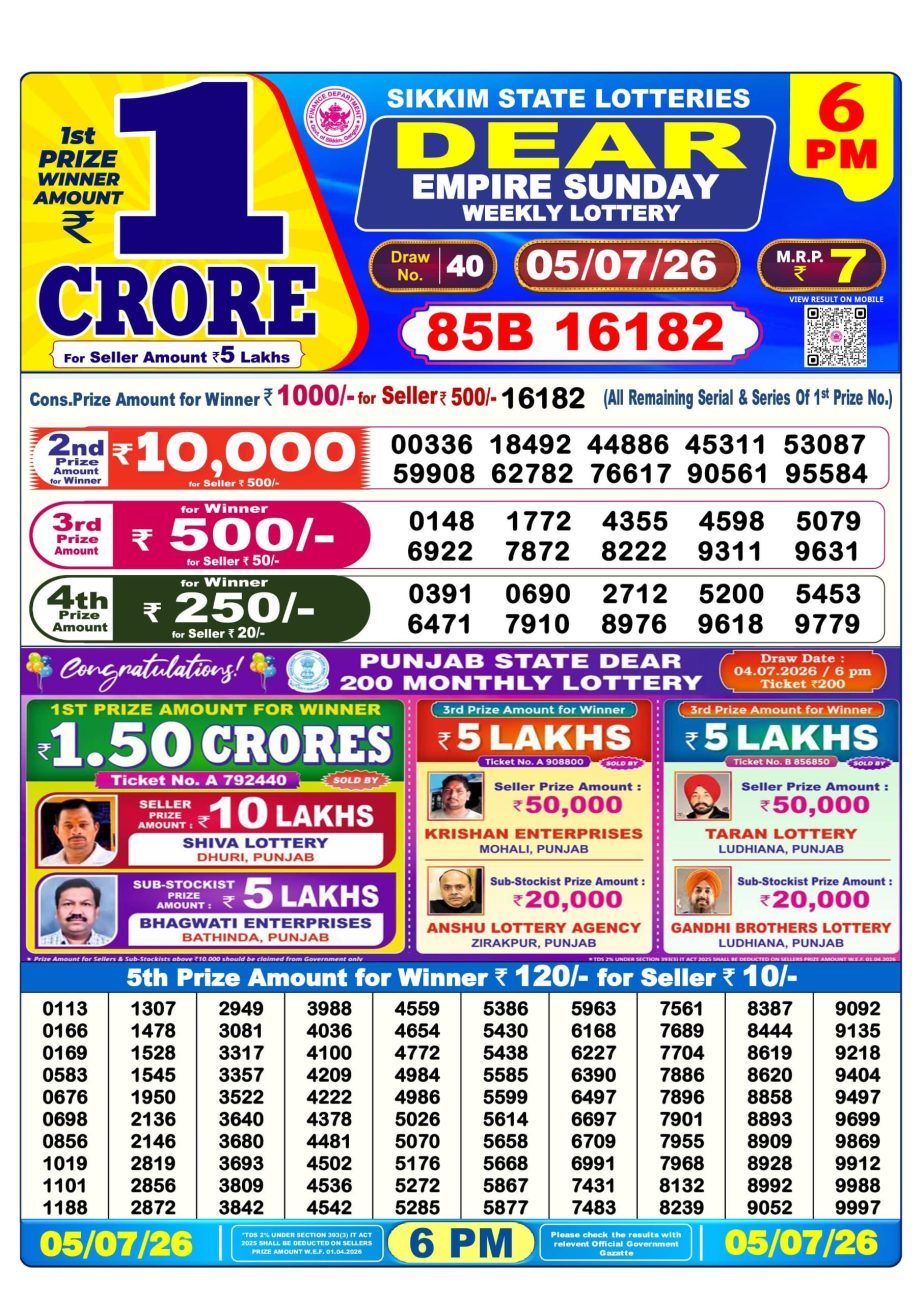 Lottery Sambad Result Today 05 07 26 | 6 PM