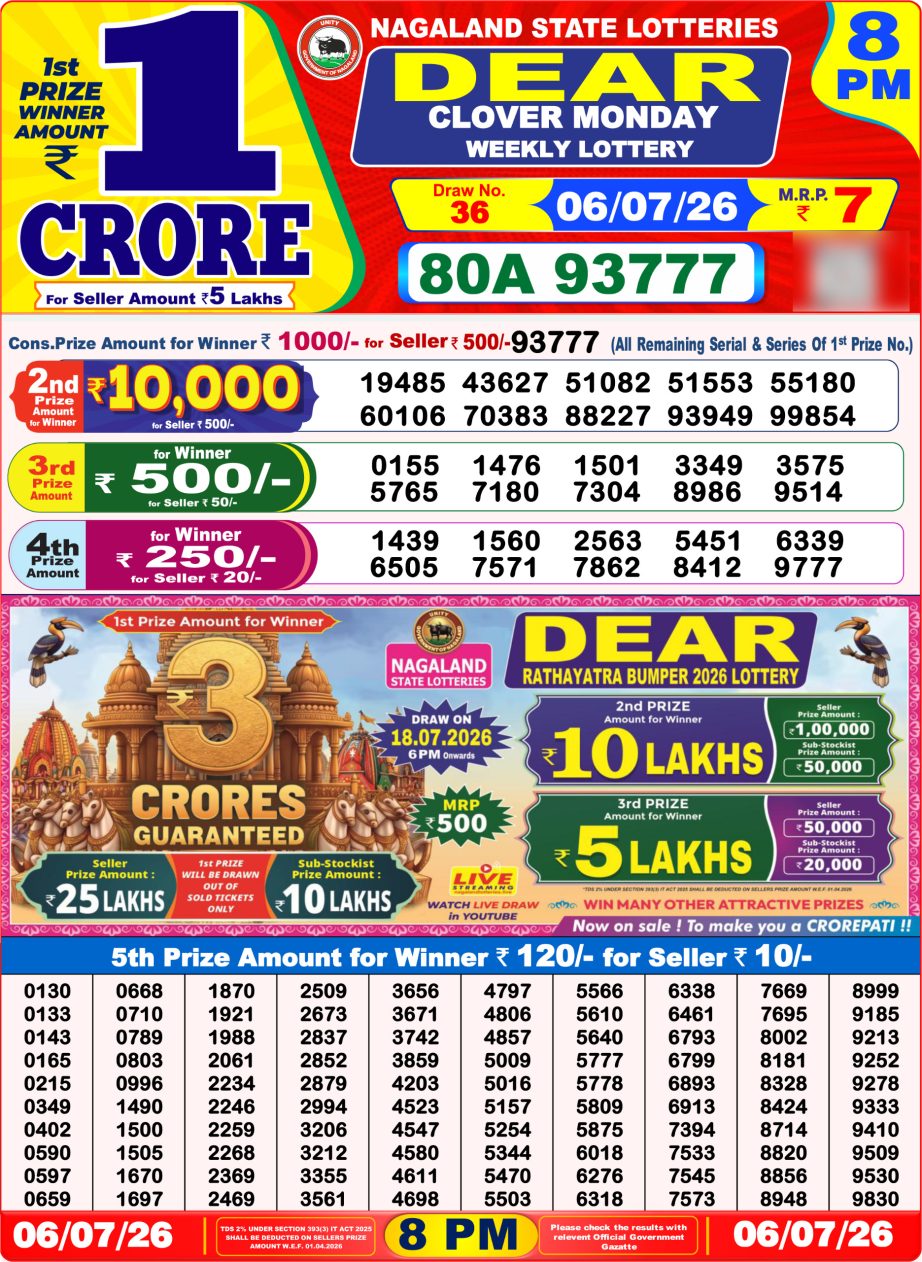 Dear Lottery Sambad 06 07 26 | 8 PM Result