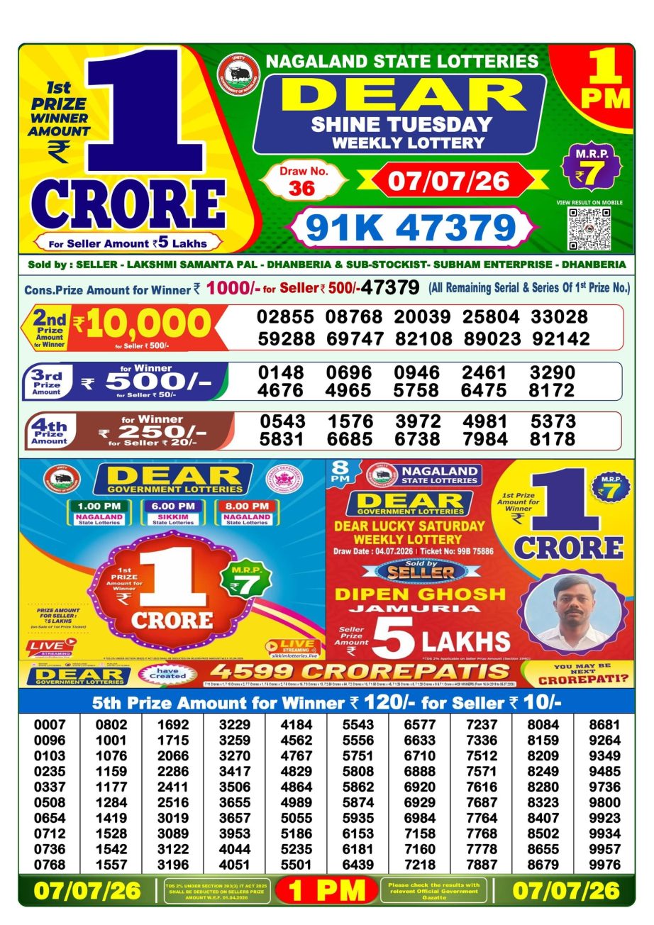 Dear Lottery Sambad Morning Result 07 07 26