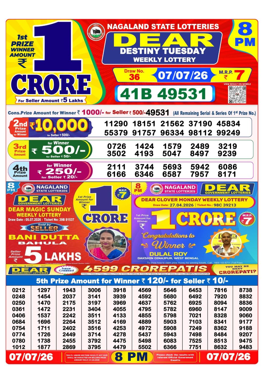 Dear Lottery Sambad 07 07 26 | 8 PM Result