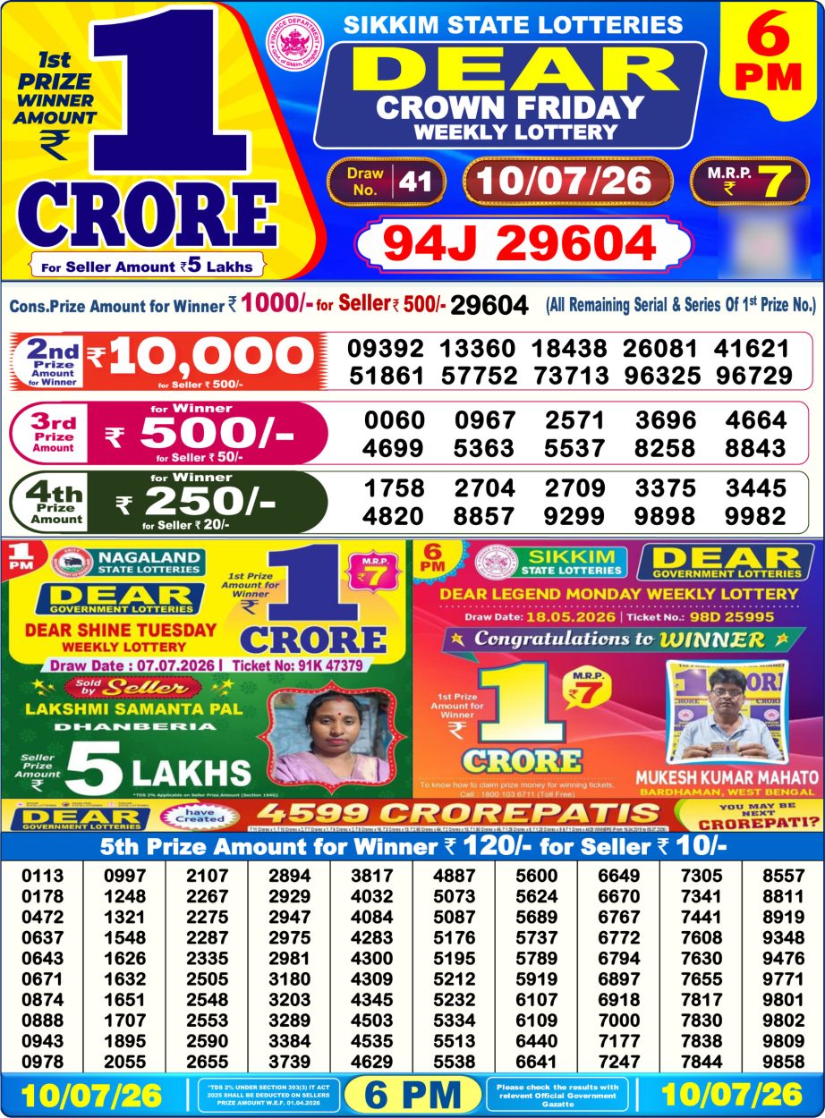 Lottery Sambad Result Today 10 07 26 | 6 PM