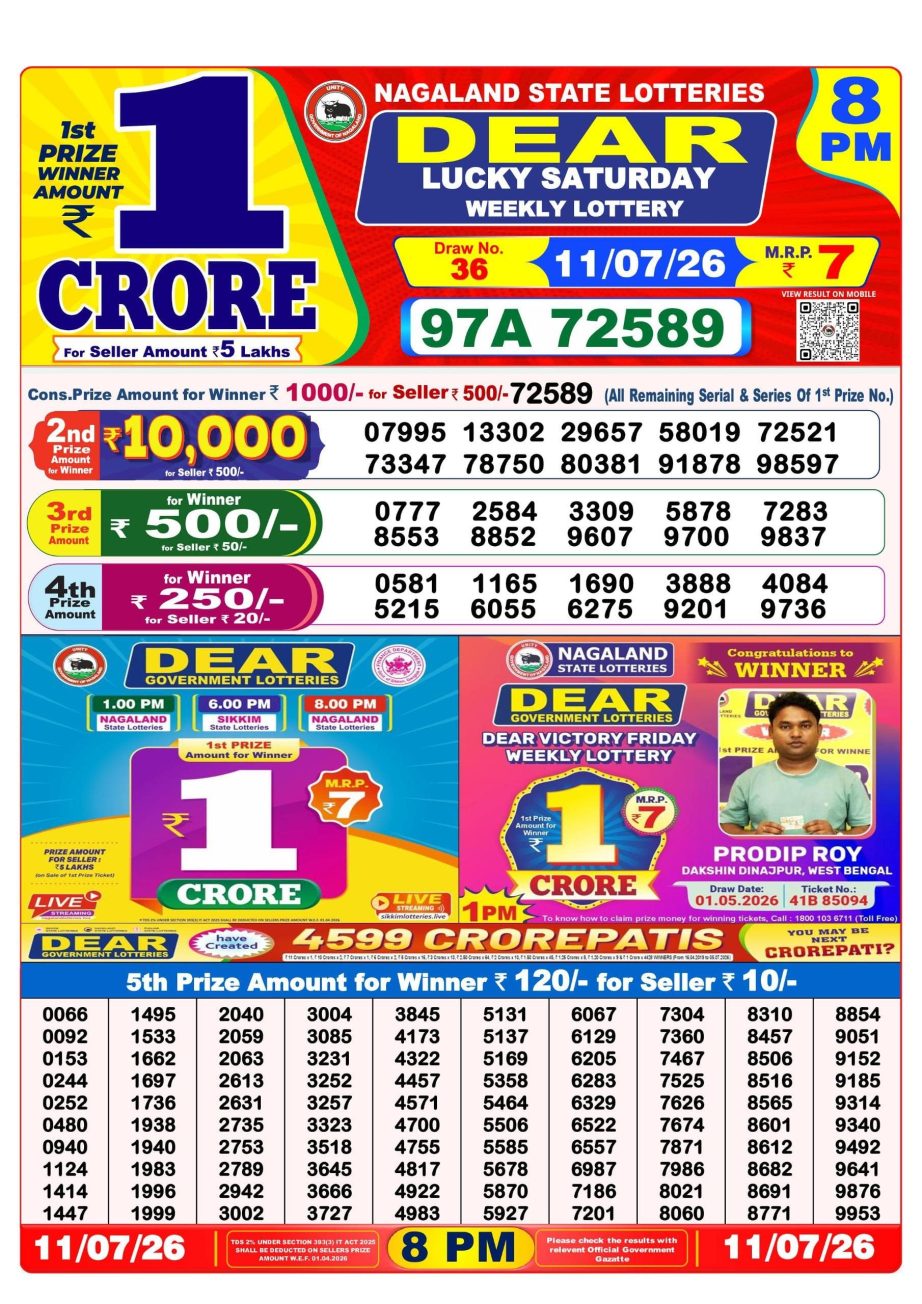 Dear Lottery Sambad 11 07 26 | 8 PM Result
