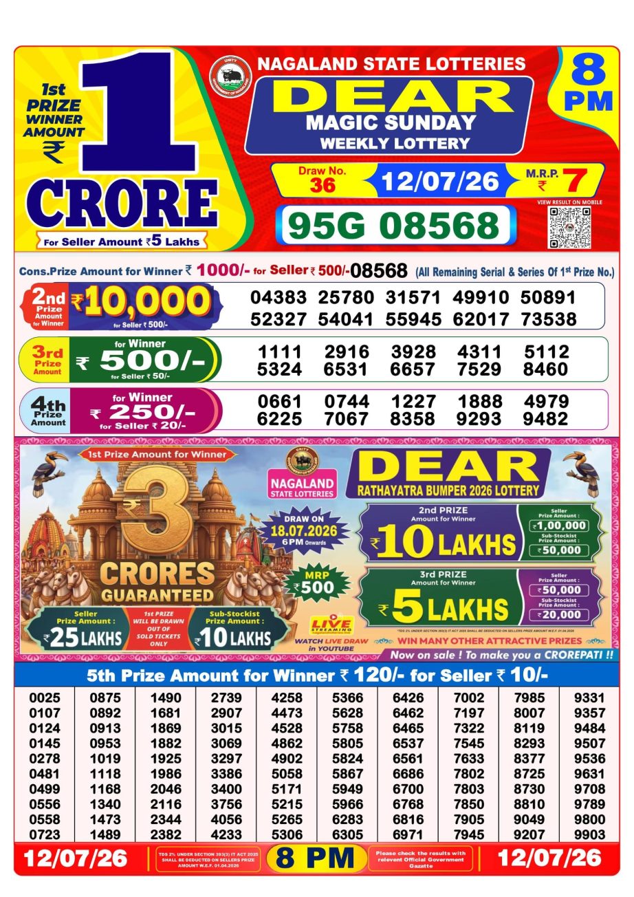 Dear Lottery Sambad 12 07 26 | 8 PM Result