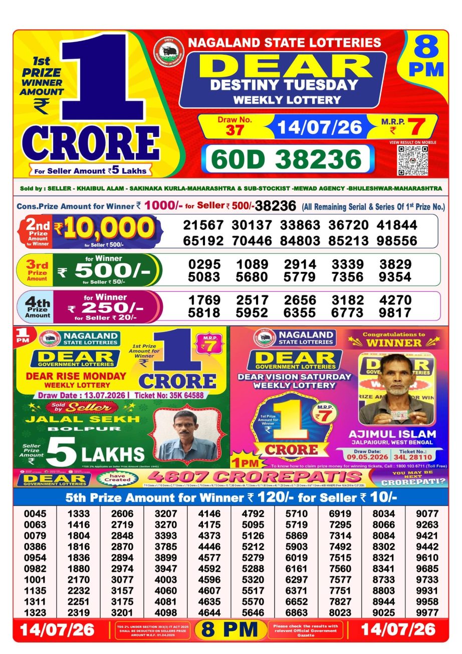 Dear Lottery Sambad 14 07 26 | 8 PM Result