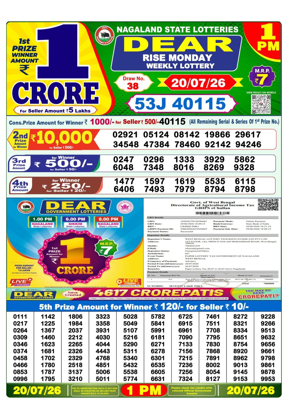 Dear Lottery Sambad Morning Result 20 07 26
