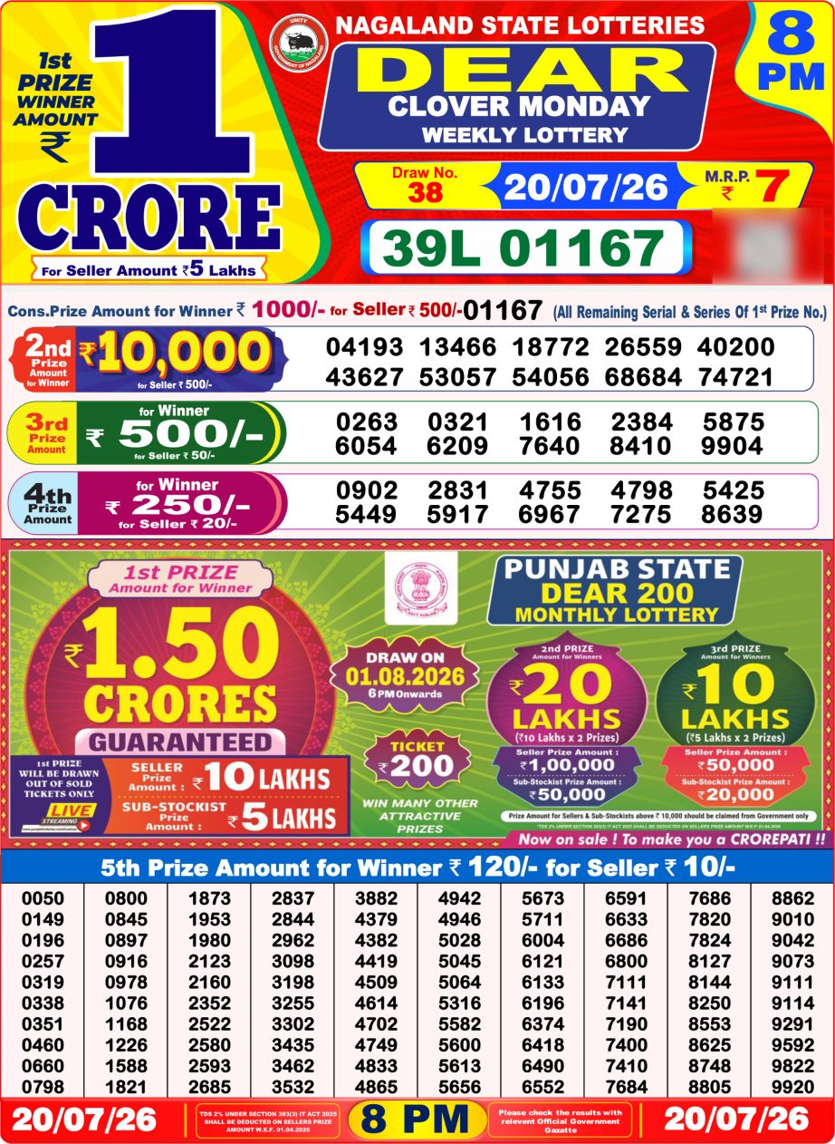Dear Lottery Sambad 20 07 26 | 8 PM Result