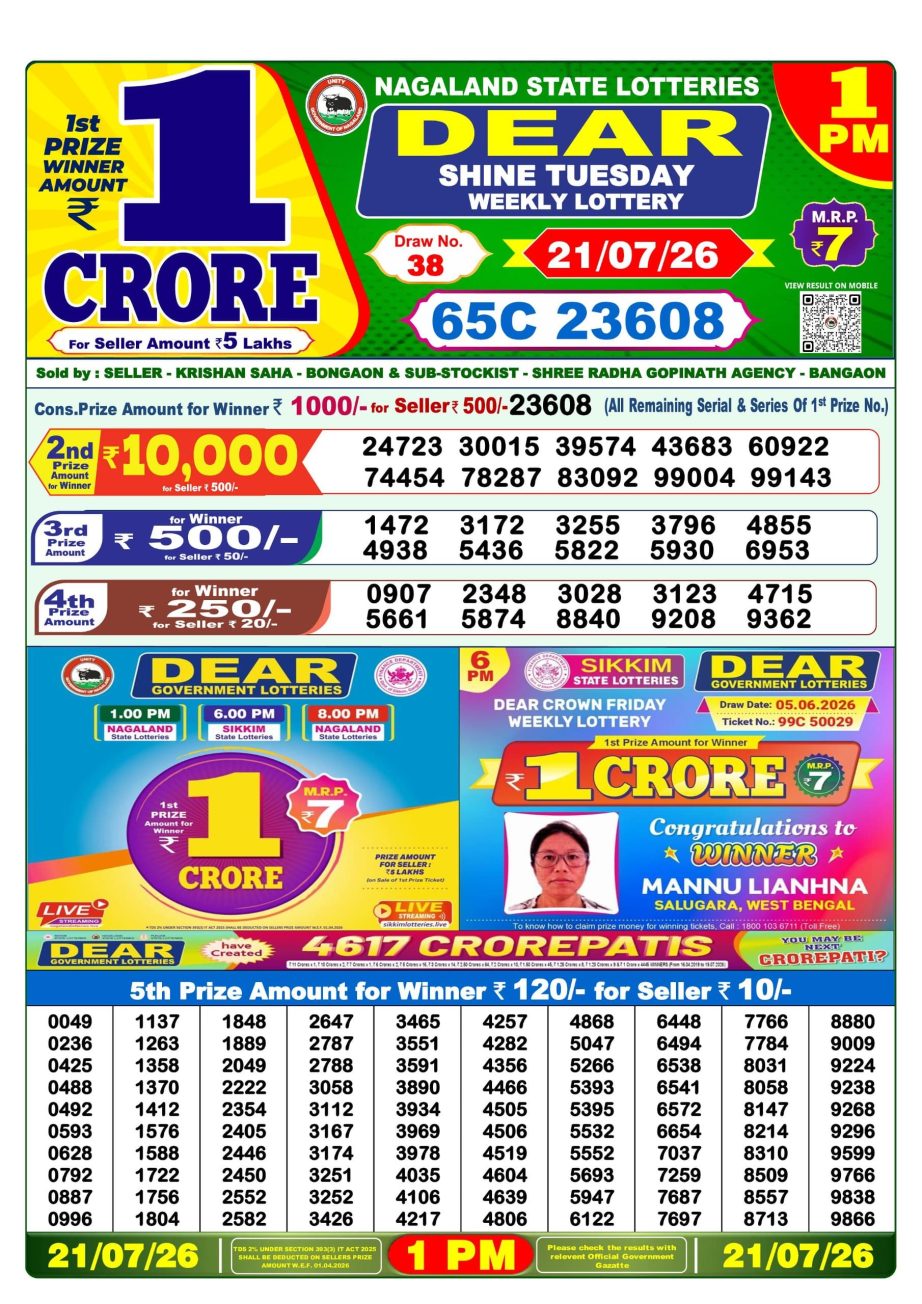 Dear Lottery Sambad Morning Result 21 07 26
