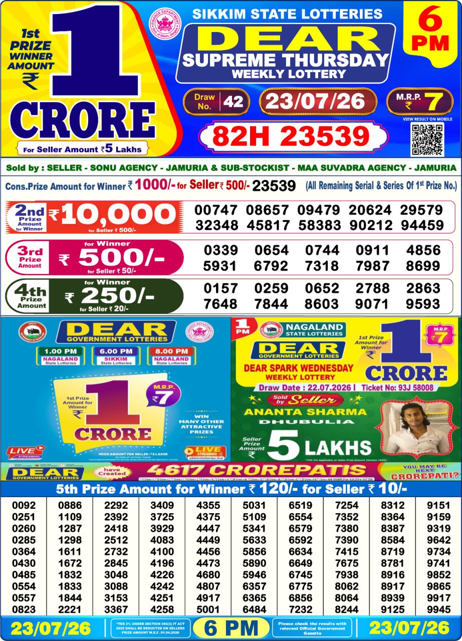 Lottery Sambad Result Today 23 07 26 | 6 PM