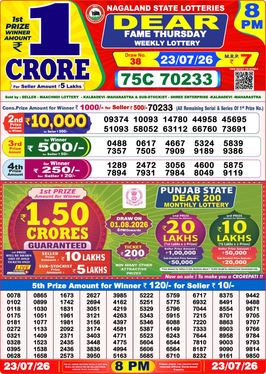 Dear Lottery Sambad 23 07 26 | 8 PM Result