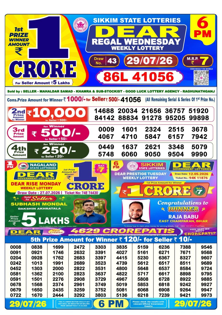 Lottery Sambad Result Today 29 07 26 | 6 PM