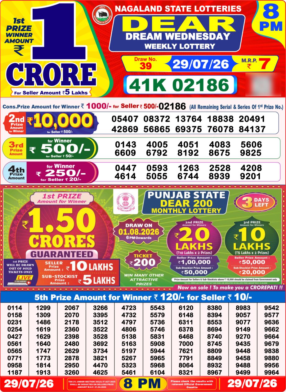 Dear Lottery Sambad 29 07 26 | 8 PM Result