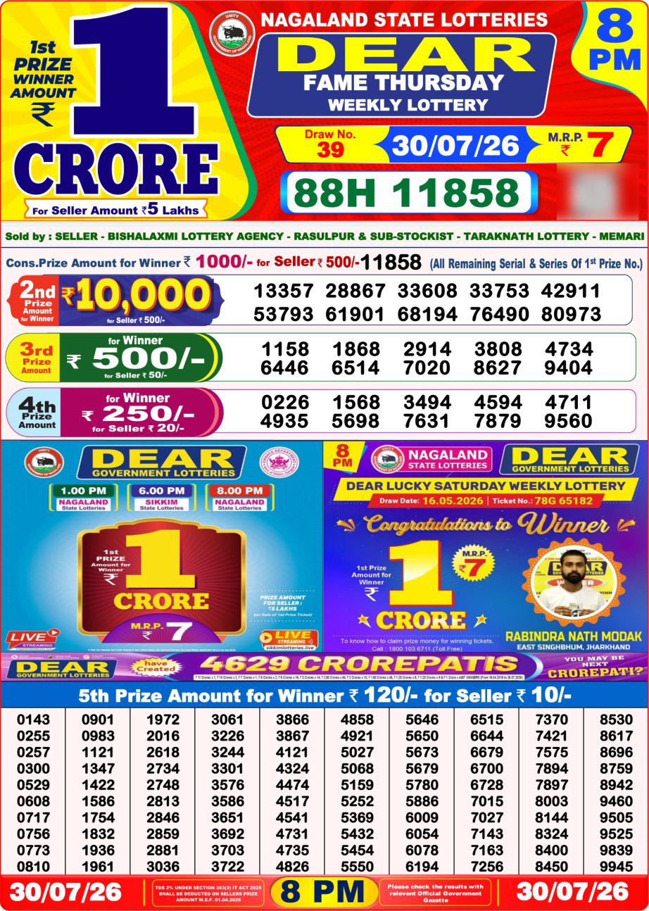 Dear Lottery Sambad 30 07 26 | 8 PM Result